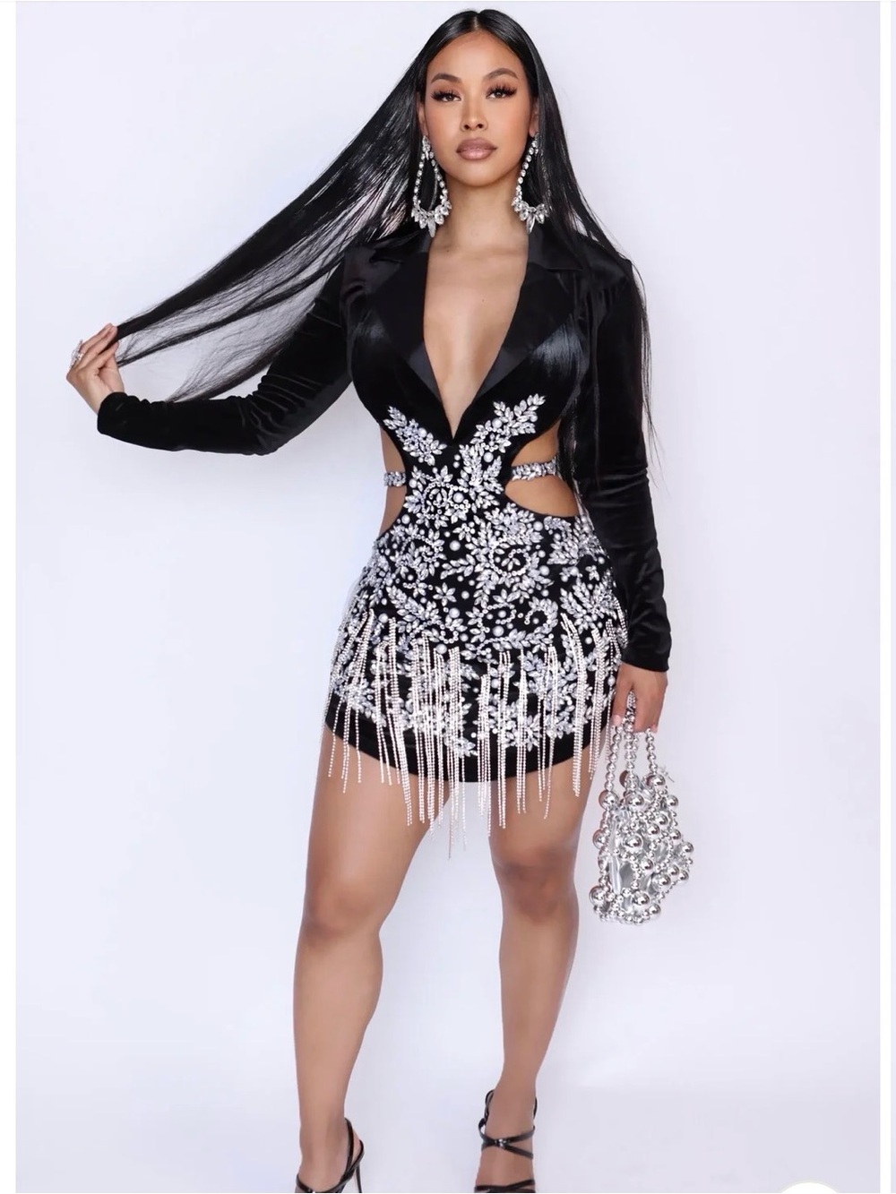 Black Embellished Cutout Mini Dress with Crystal Fringe